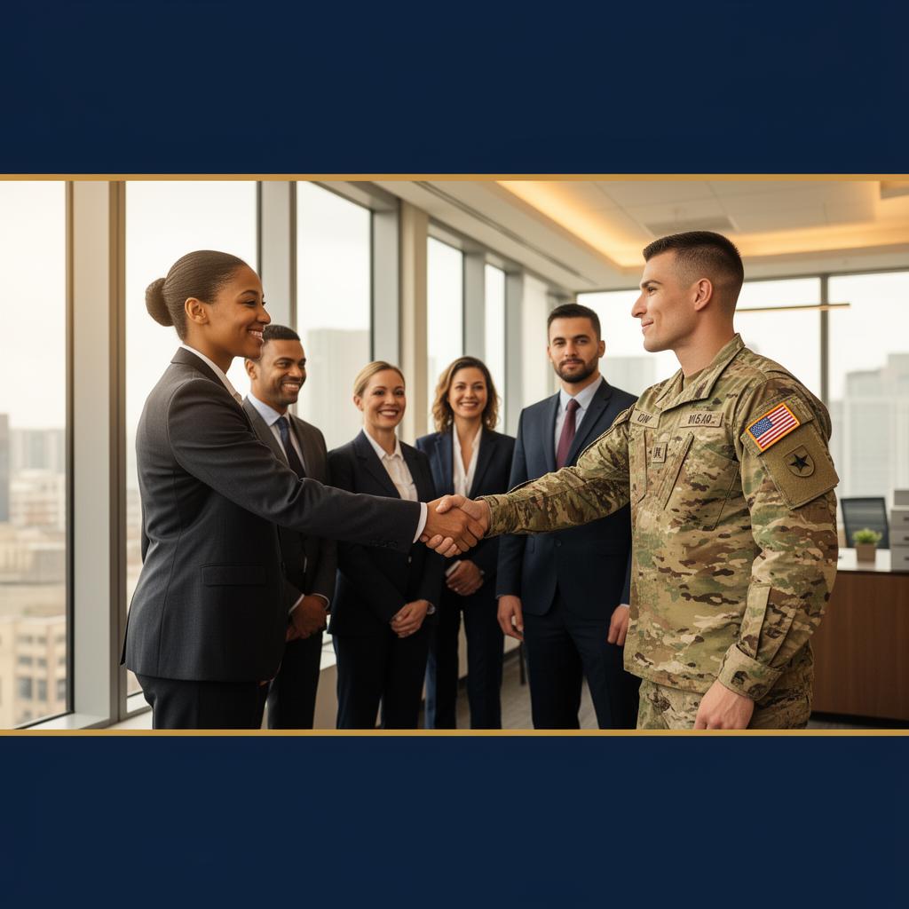 Professional meeting between business leaders and a U.S. service member